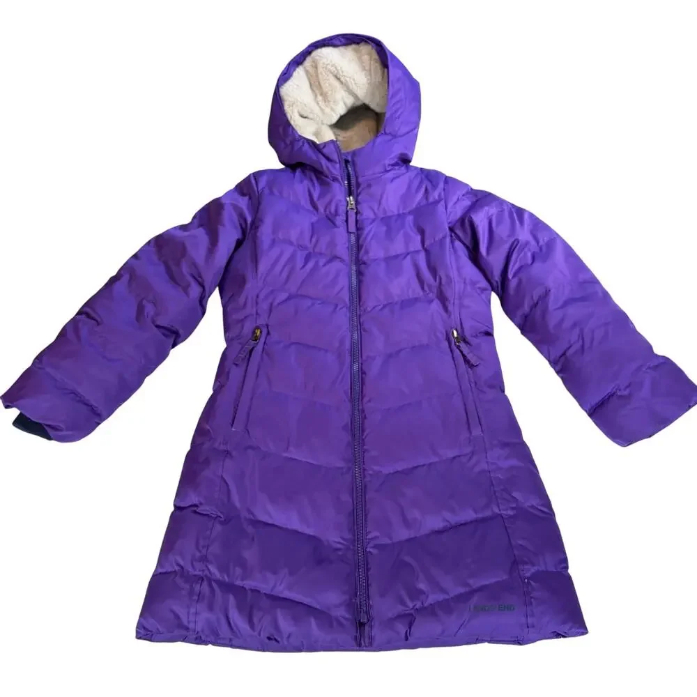 Lands End girls long purple fur lined puffer jacket. Size S 6-7. Heavyweight